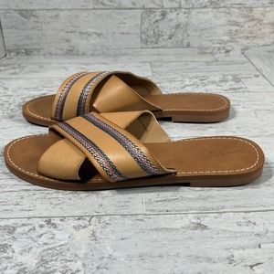 Universal Thread Slide Sandals Womens 10 Brown Faux‎ Leather Aztec Cross Strap